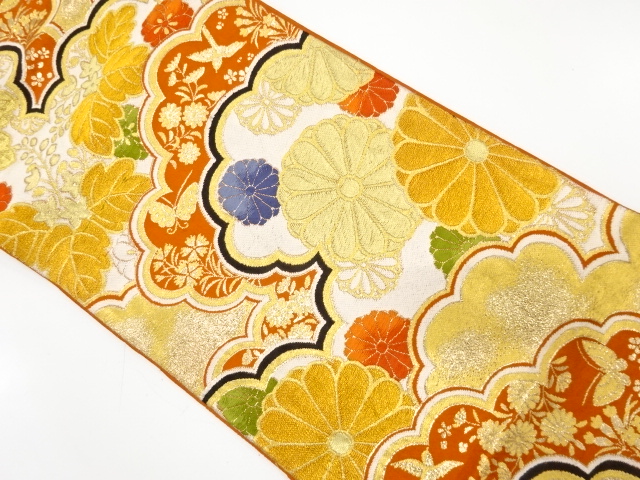 JAPANESE KIMONO / ANTIQUE FUKURO OBI / SILK / WOVEN PAULOWNIA & KIKU